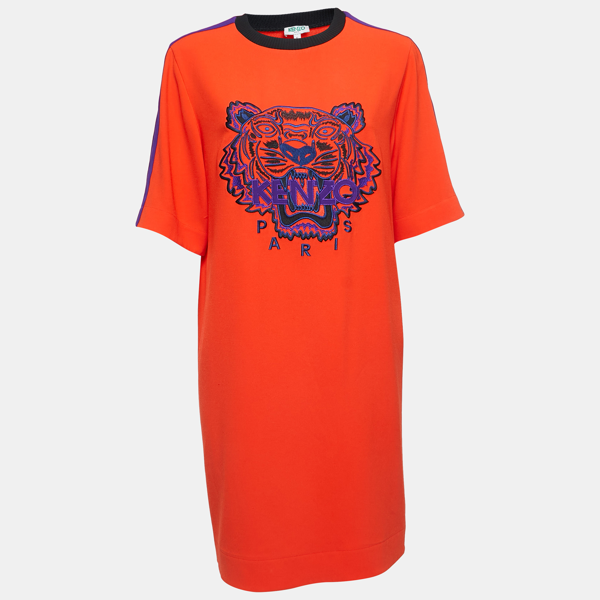 Kenzo orange crepe tiger motif t-shirt dress s