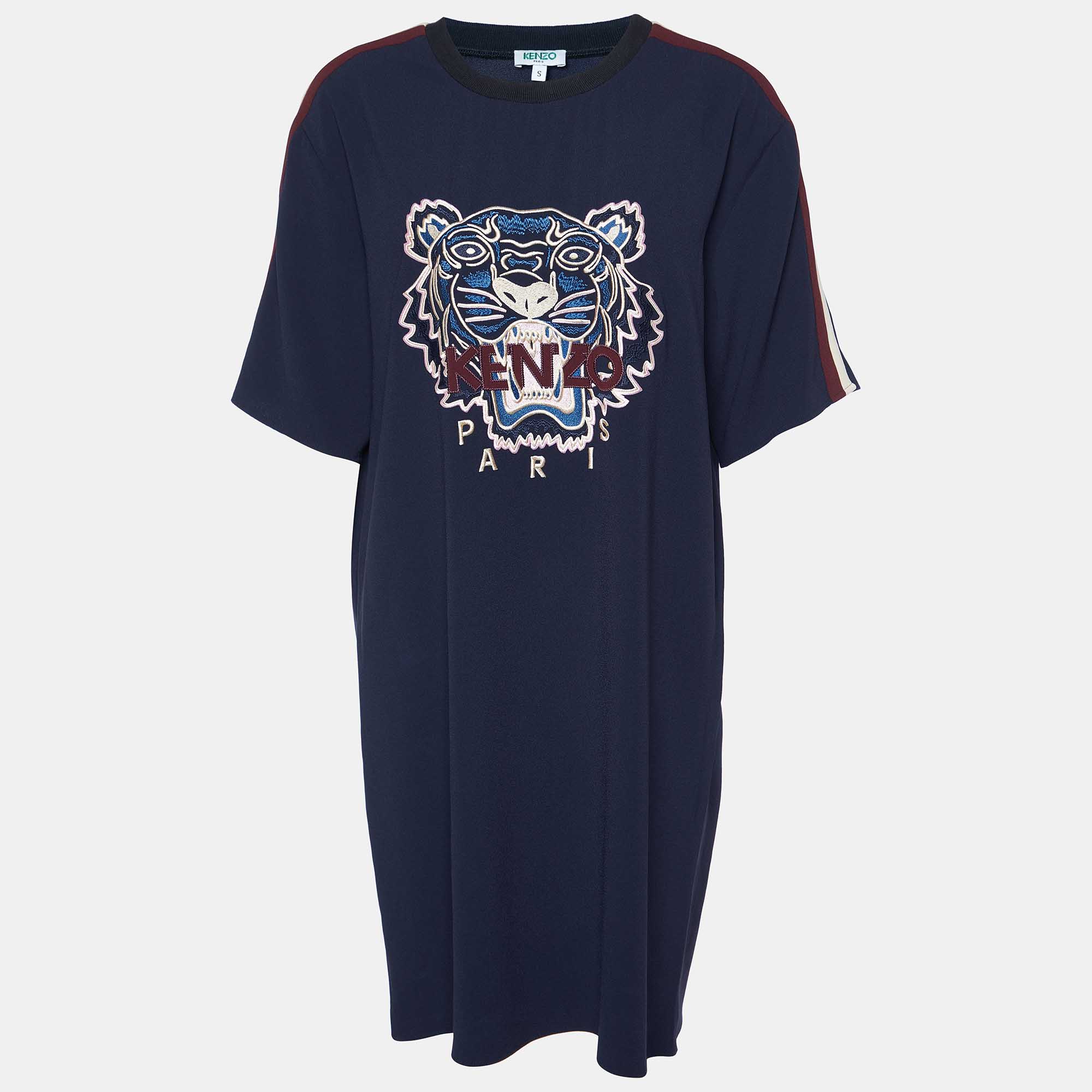

Kenzo Navy Blue Tiger Embroidered Crepe Mini Dress