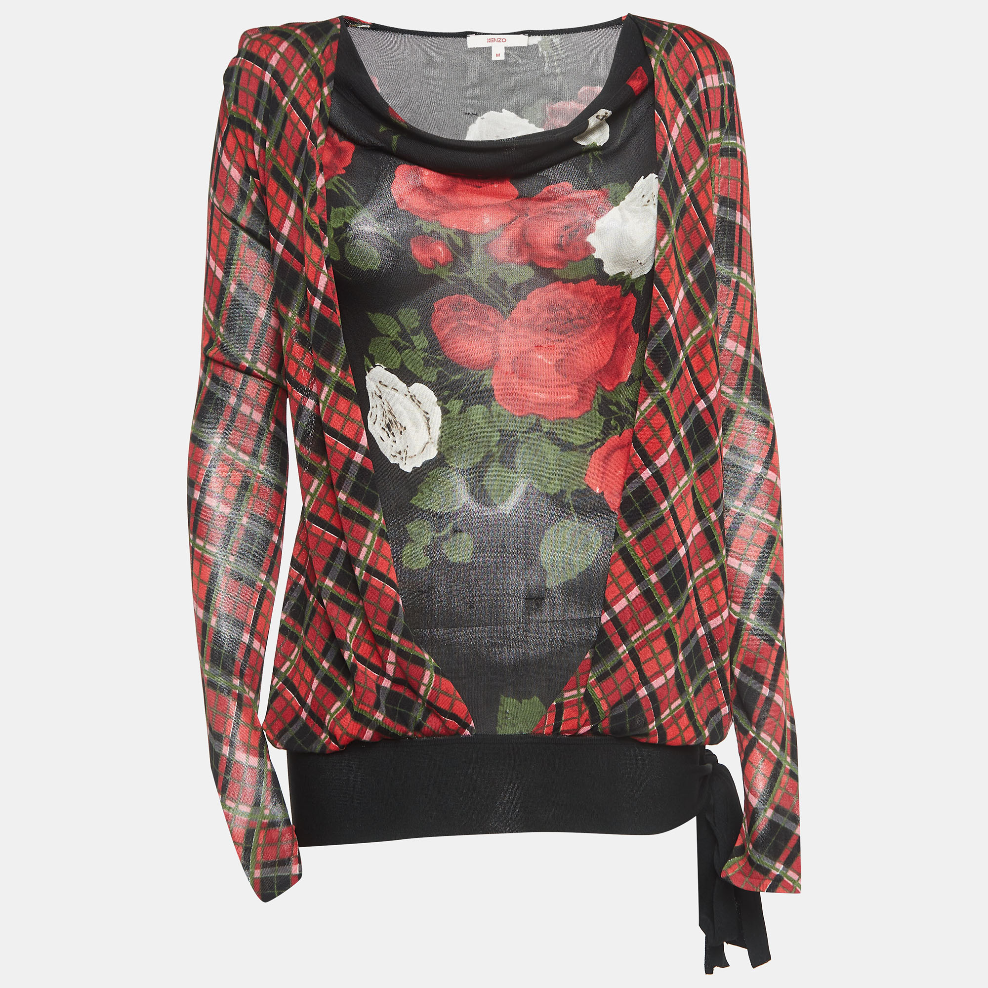 Kenzo Black/Red Checked Floral Print Silk Long Sleeve Top M