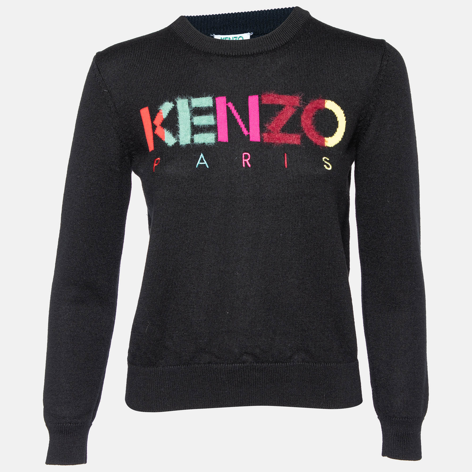 Kenzo Black Wool Knit Logo Intarsia Knit Sweater L