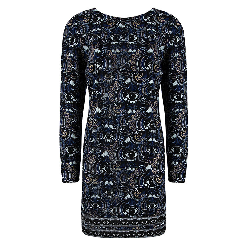 Image of Kenzo Blue Eye Print Detail Long Sleeve Dress M