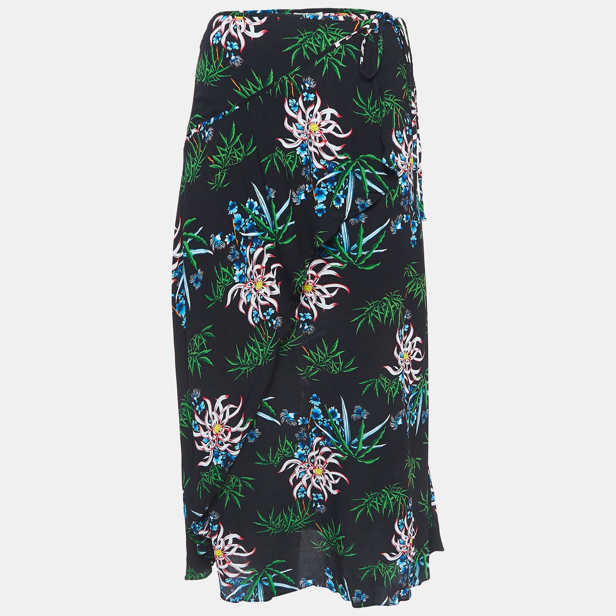 Kenzo Black Printed Crepe Wrap Effect Midi Skirt M