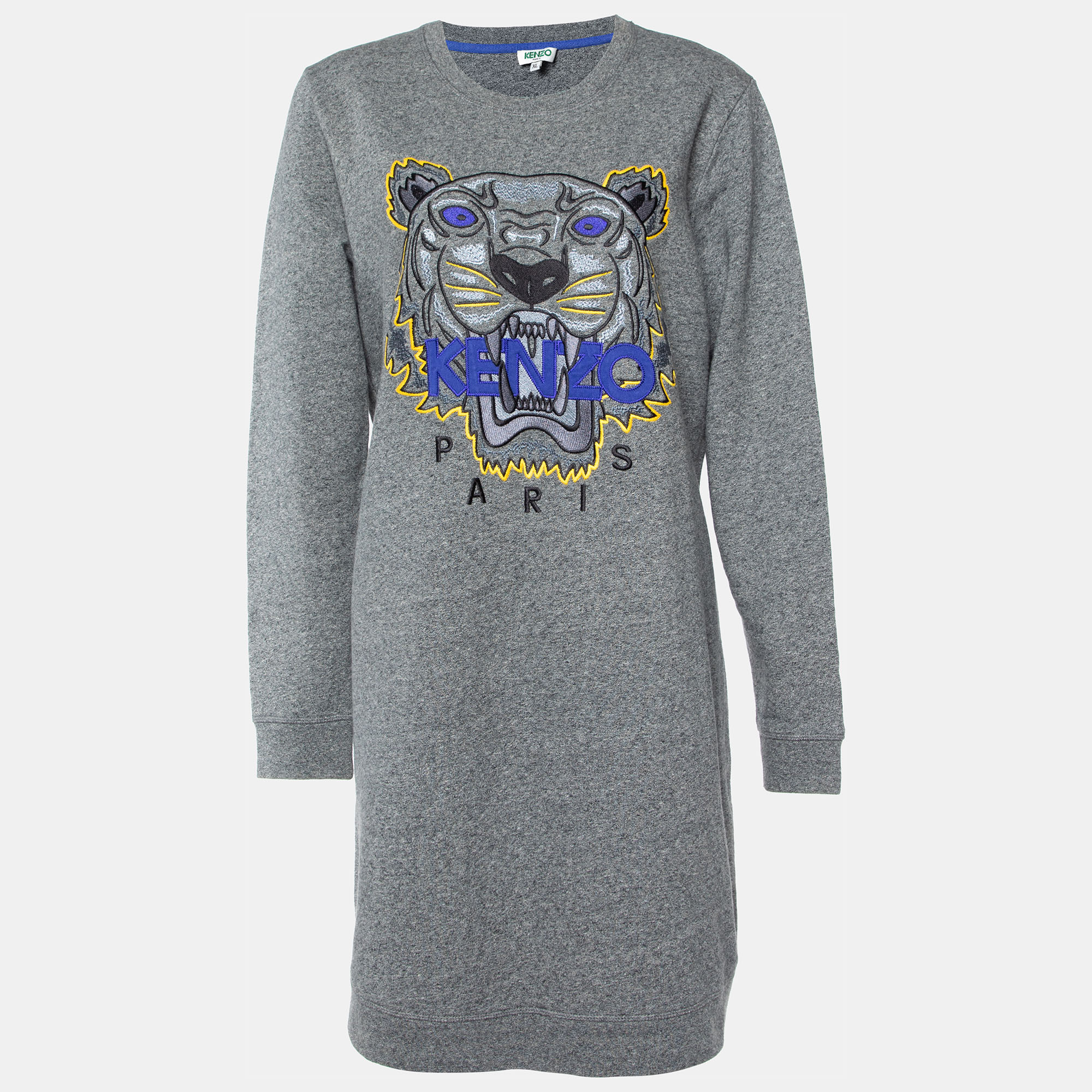 Kenzo Grey Tiger Embroidered Cotton Sweater Dress XL