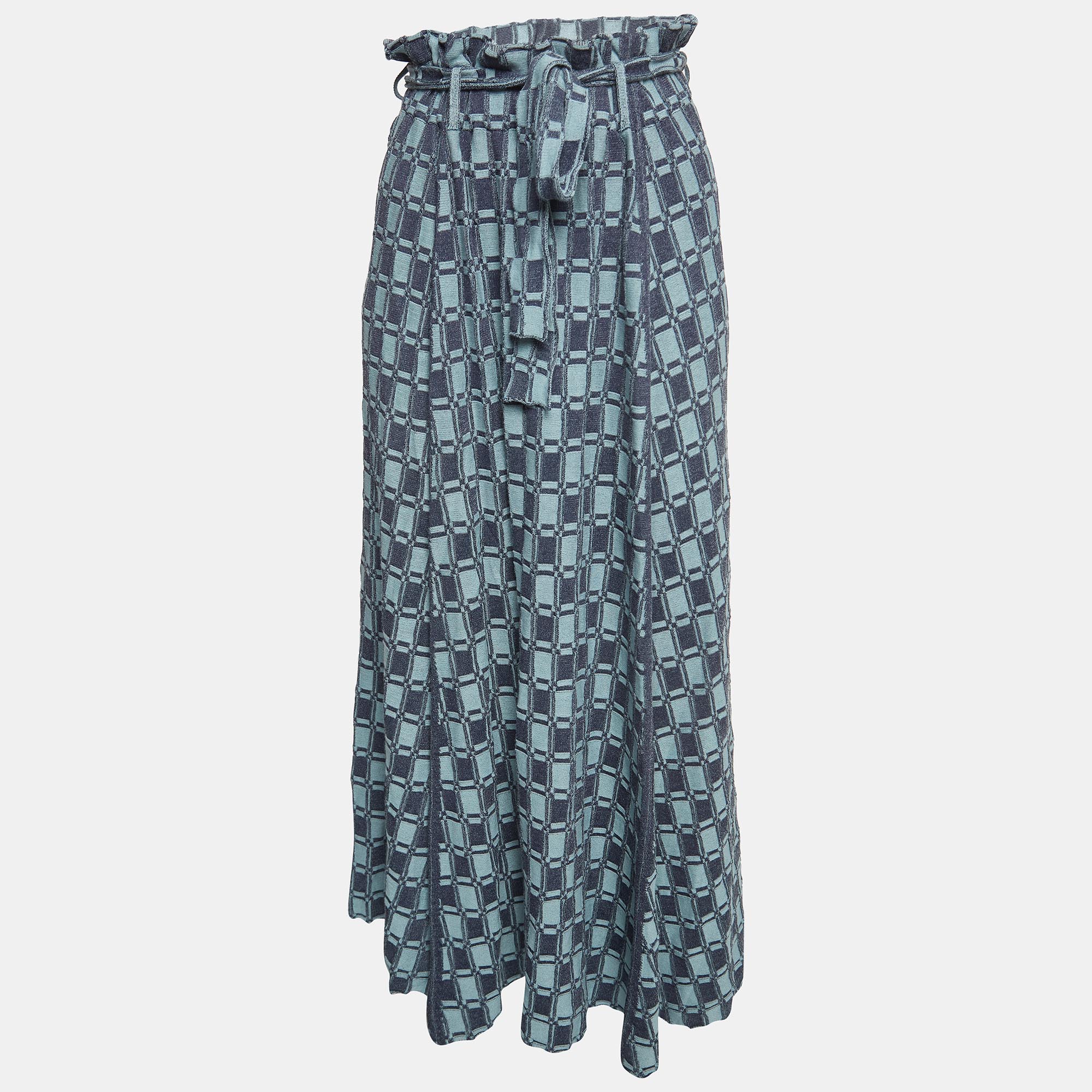Kenzo blue monogram pattern knit belted midi skirt m