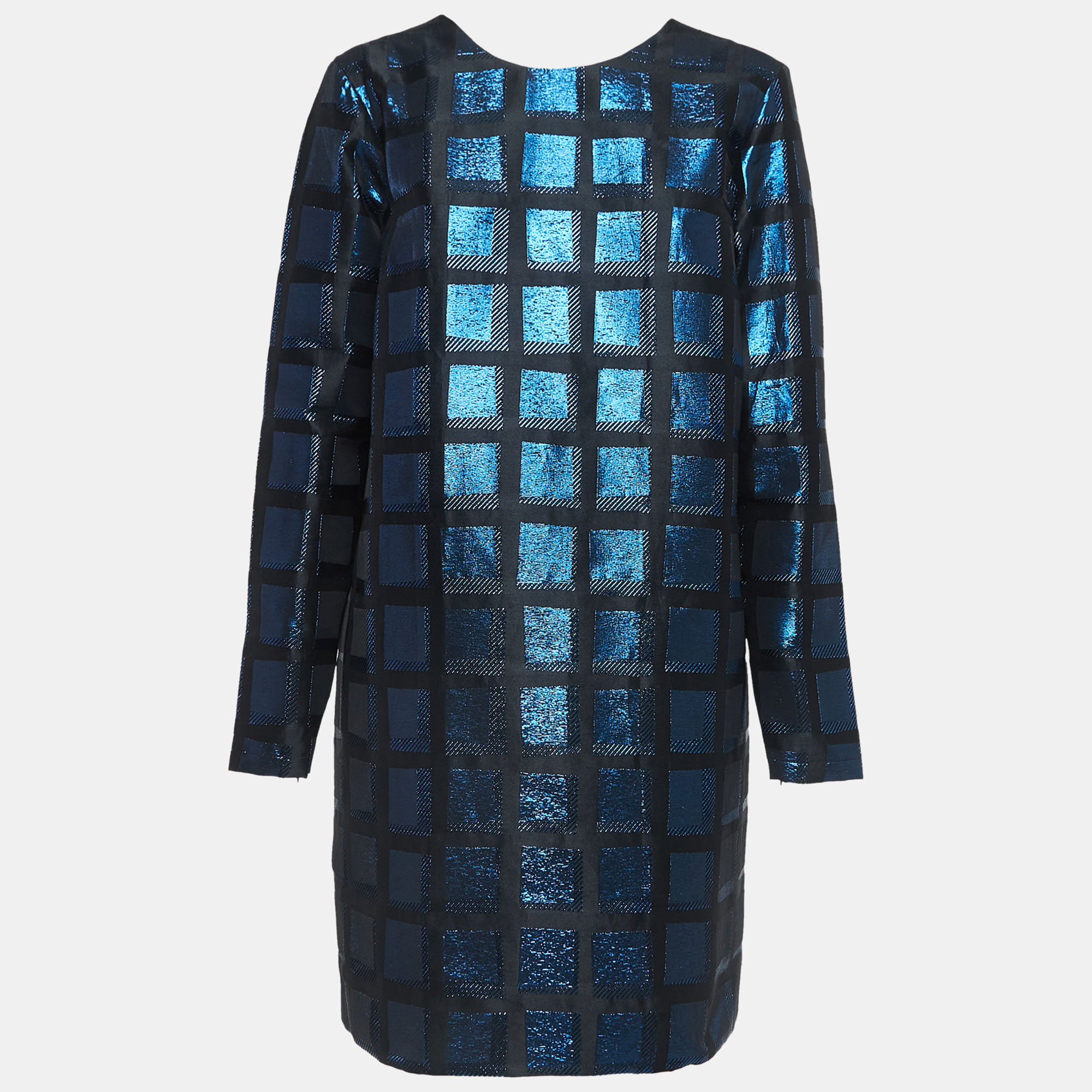 Kenzo black & blue metallic square jacquard shift dress l