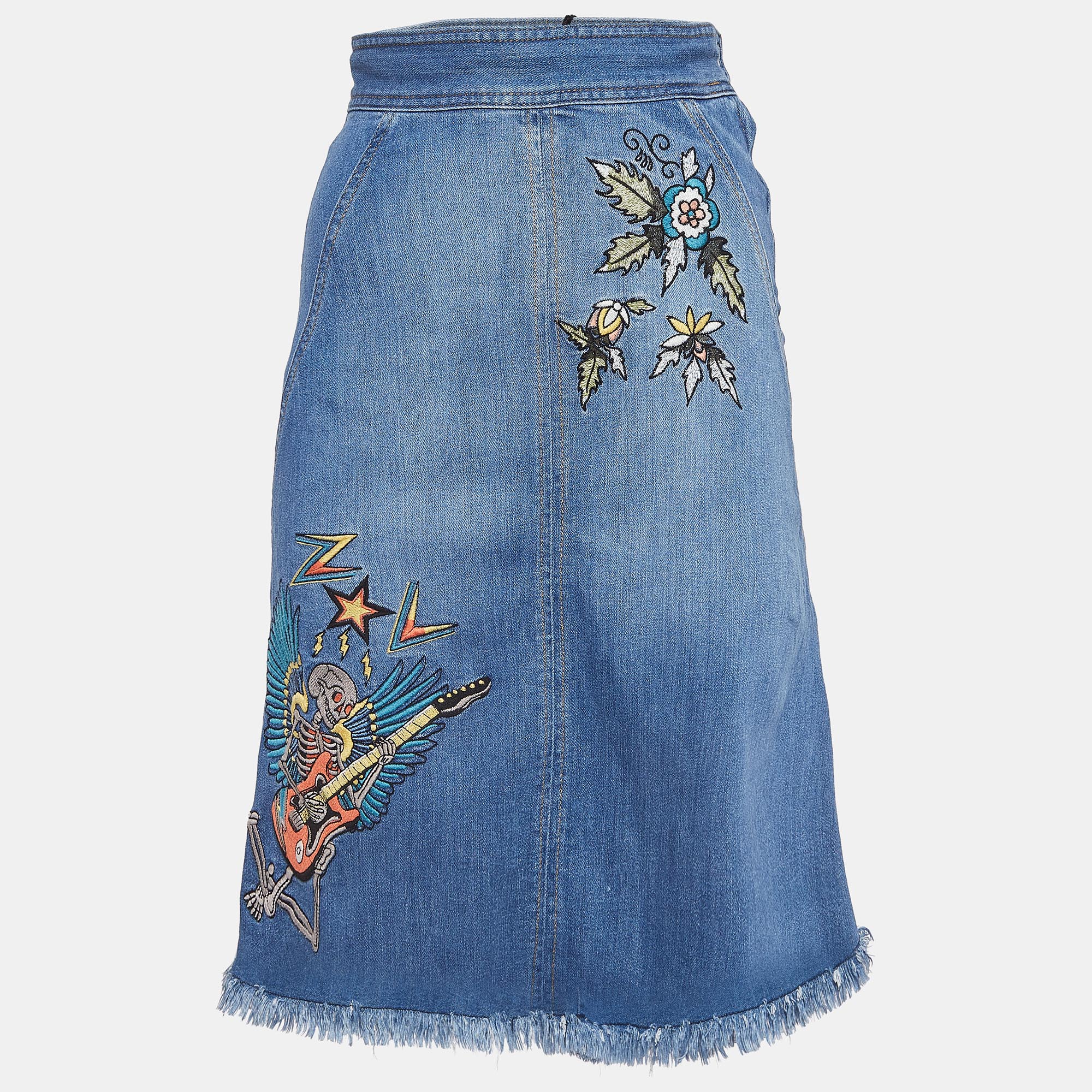 Zadig & voltaire blue embroidered denim knee length skirt s