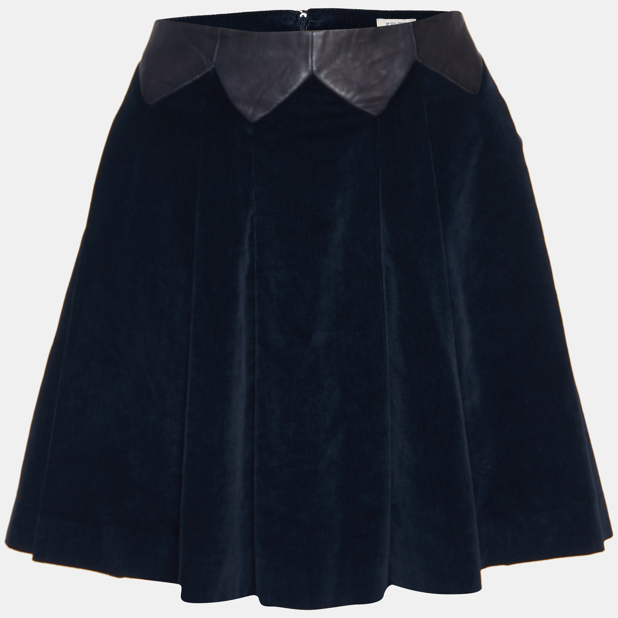 Kenzo midnight blue checked velvet leather trim flared skirt m