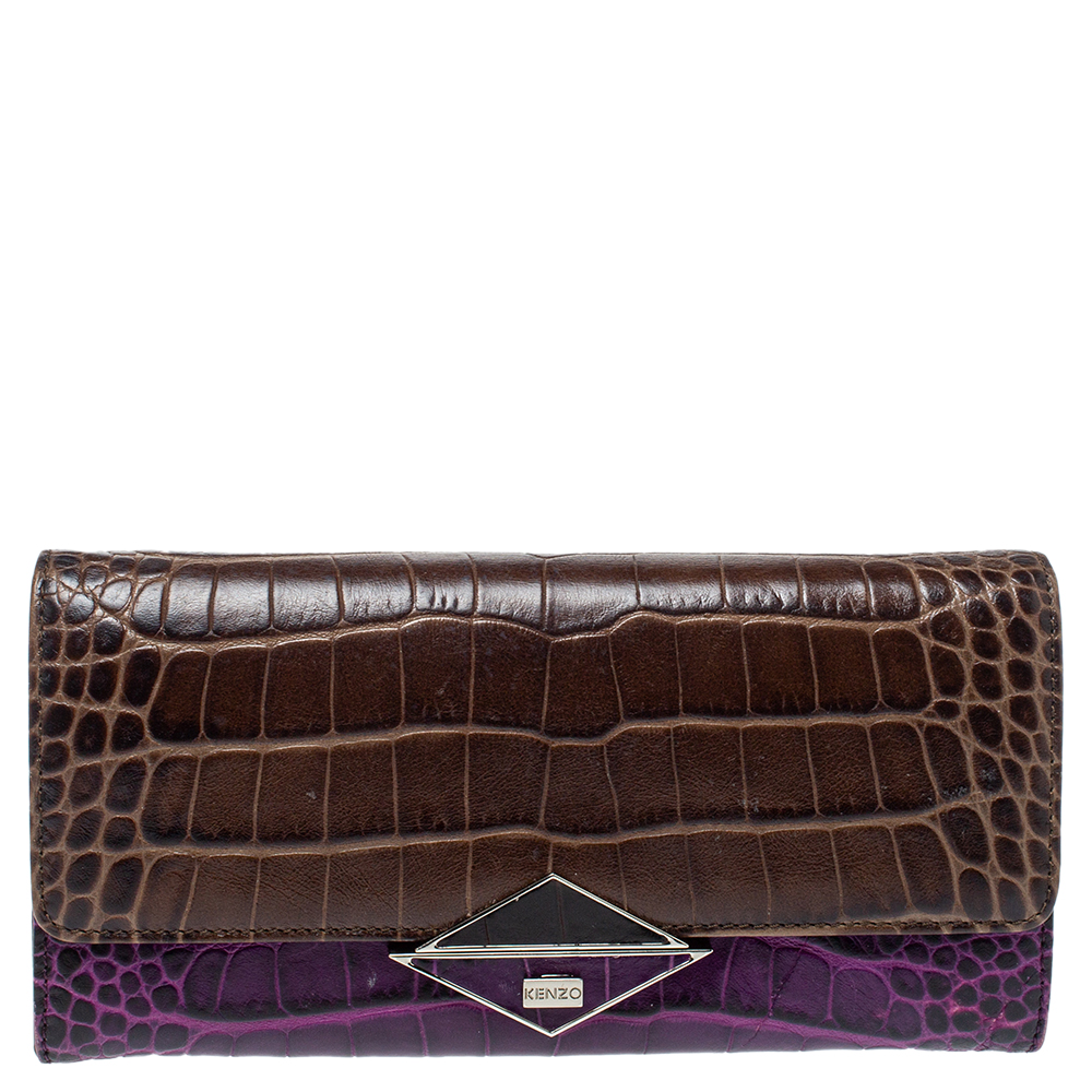 Image of Kenzo Brown/Purple Croc Embossed Leather Wallet