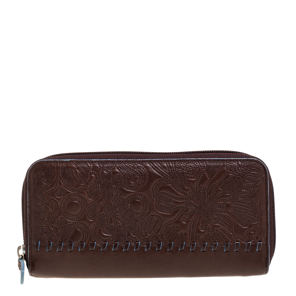 Image of Kenzo Brown Embossed Leather Zip Around Continental Wallet