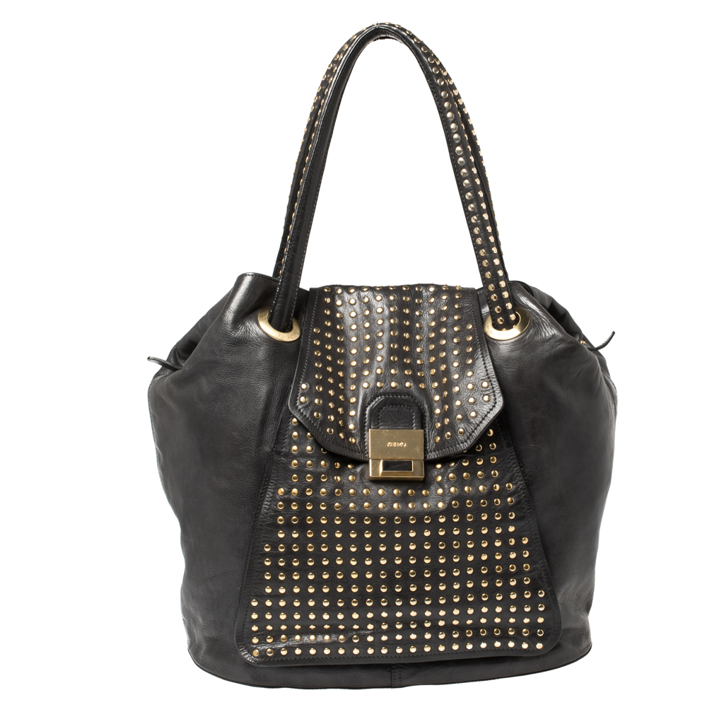 Image of Kenzo Black Leather Studded Flap Shoulder Bag
