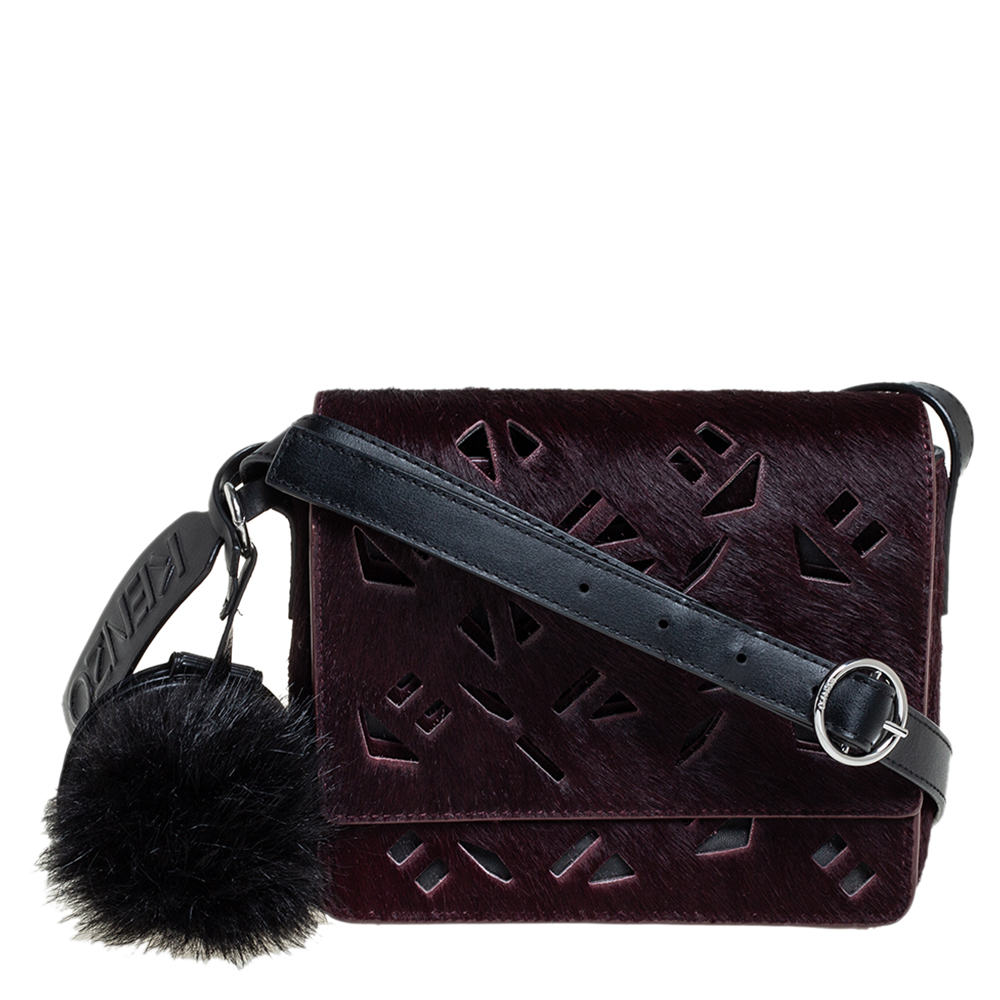 Kenzo Burgundy/Black Calfhair and Leather Lazer Cut Flap Shoulder Bag