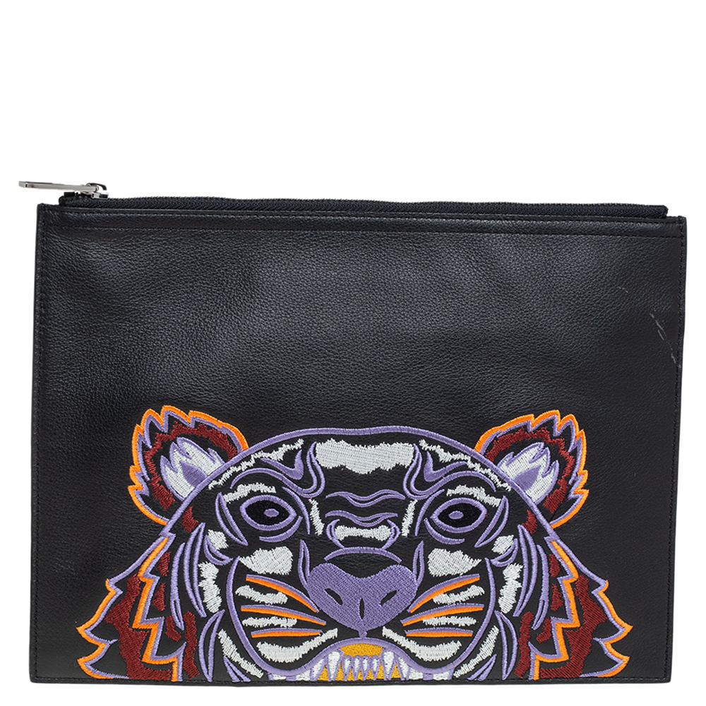 Kenzo Black Leather Tiger Embroidered Zipper Clutch