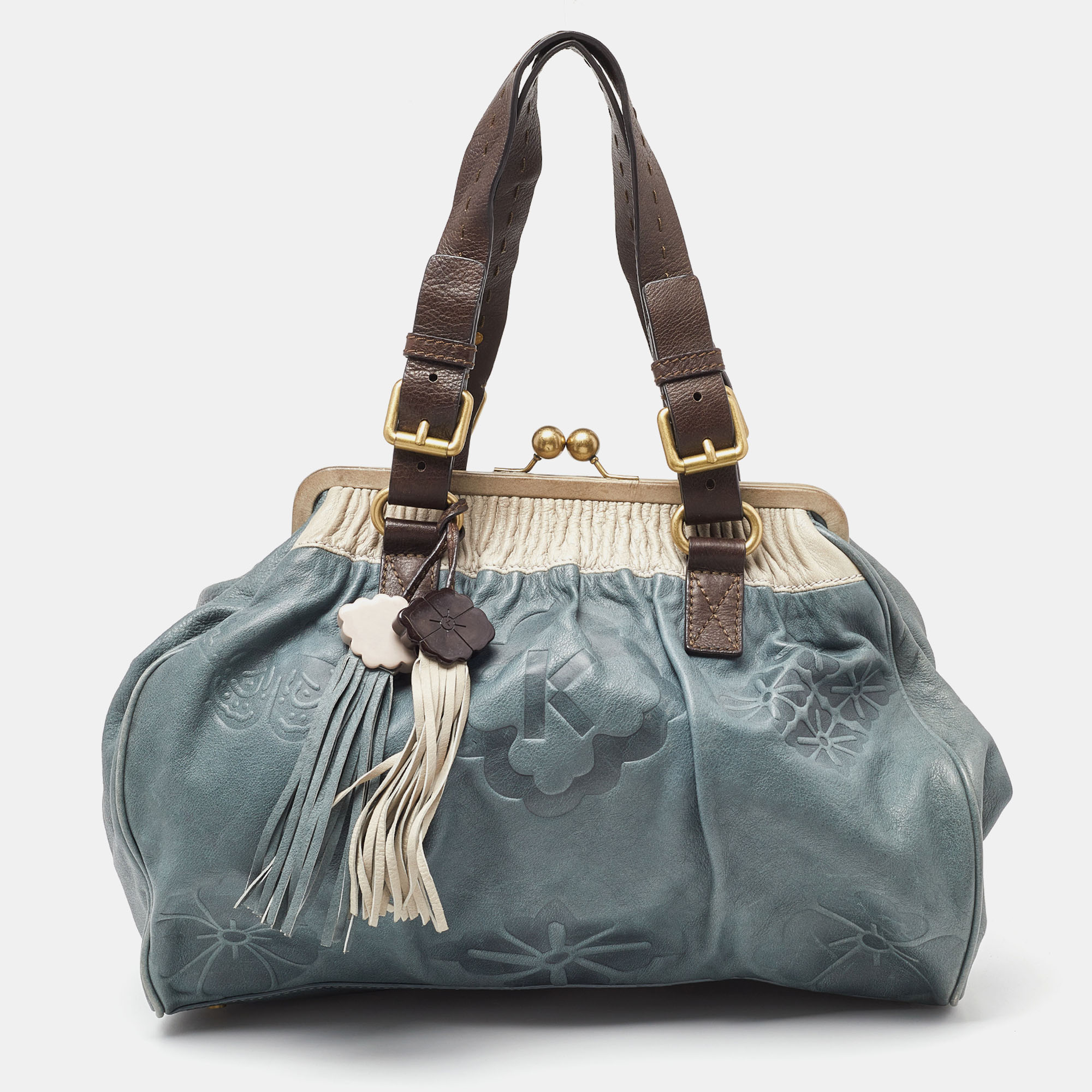 Kenzo tri color embossed leather kisslock frame satchel