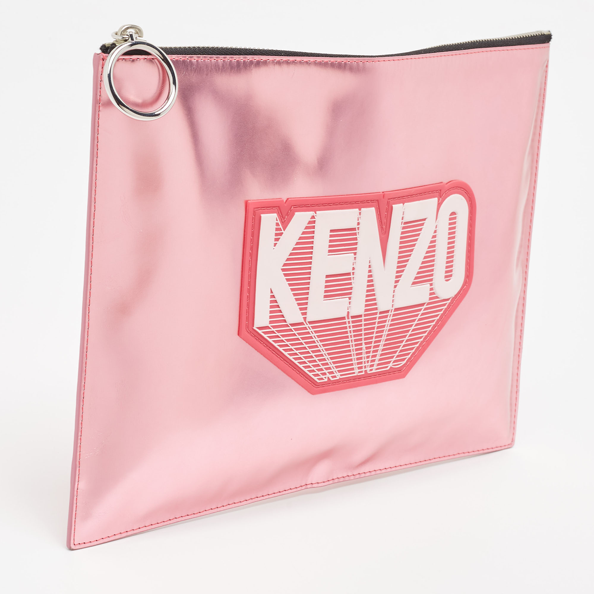 Kenzo Metallic Pink Leather Logo Top Zip Pouch