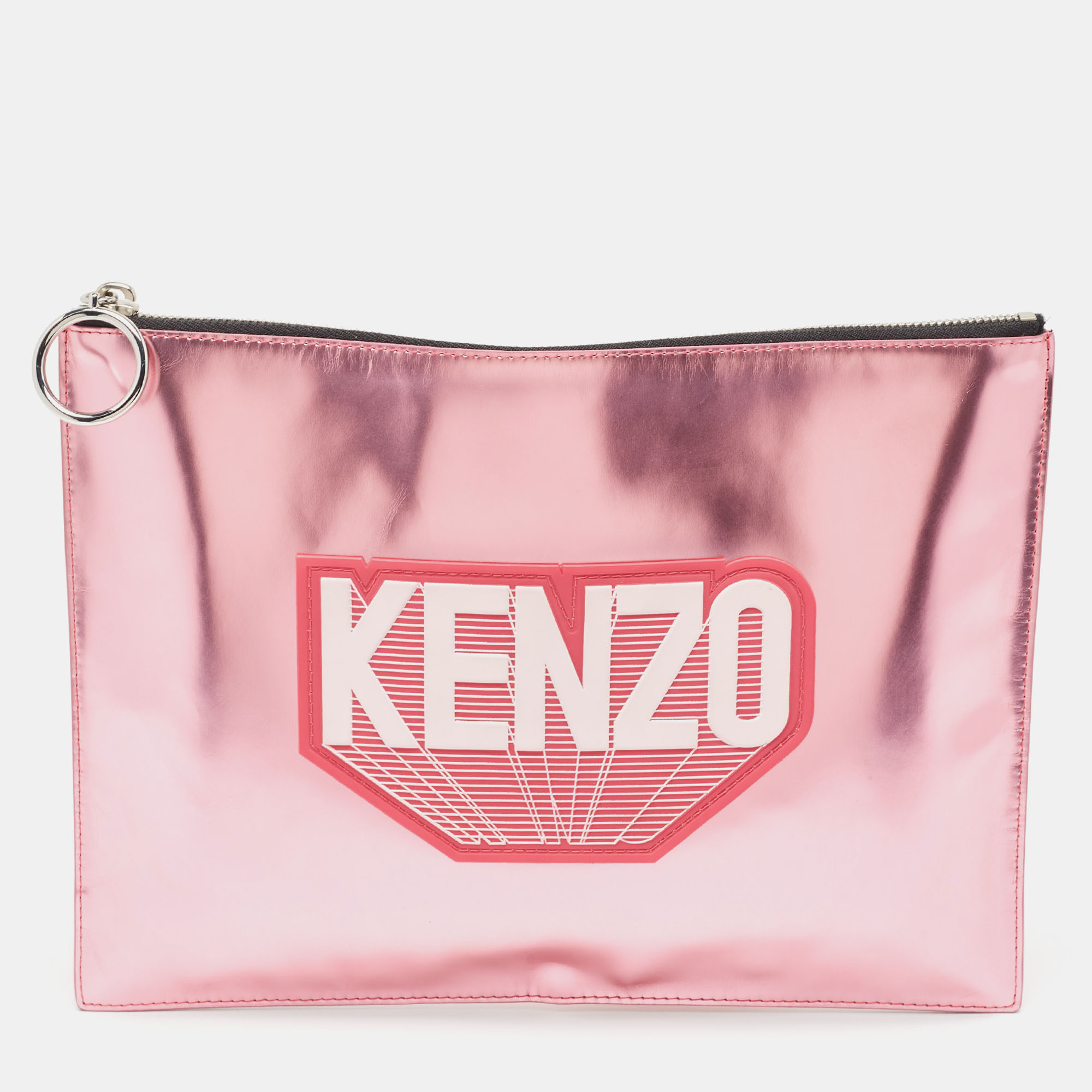 Kenzo Metallic Pink Leather Logo Top Zip Pouch