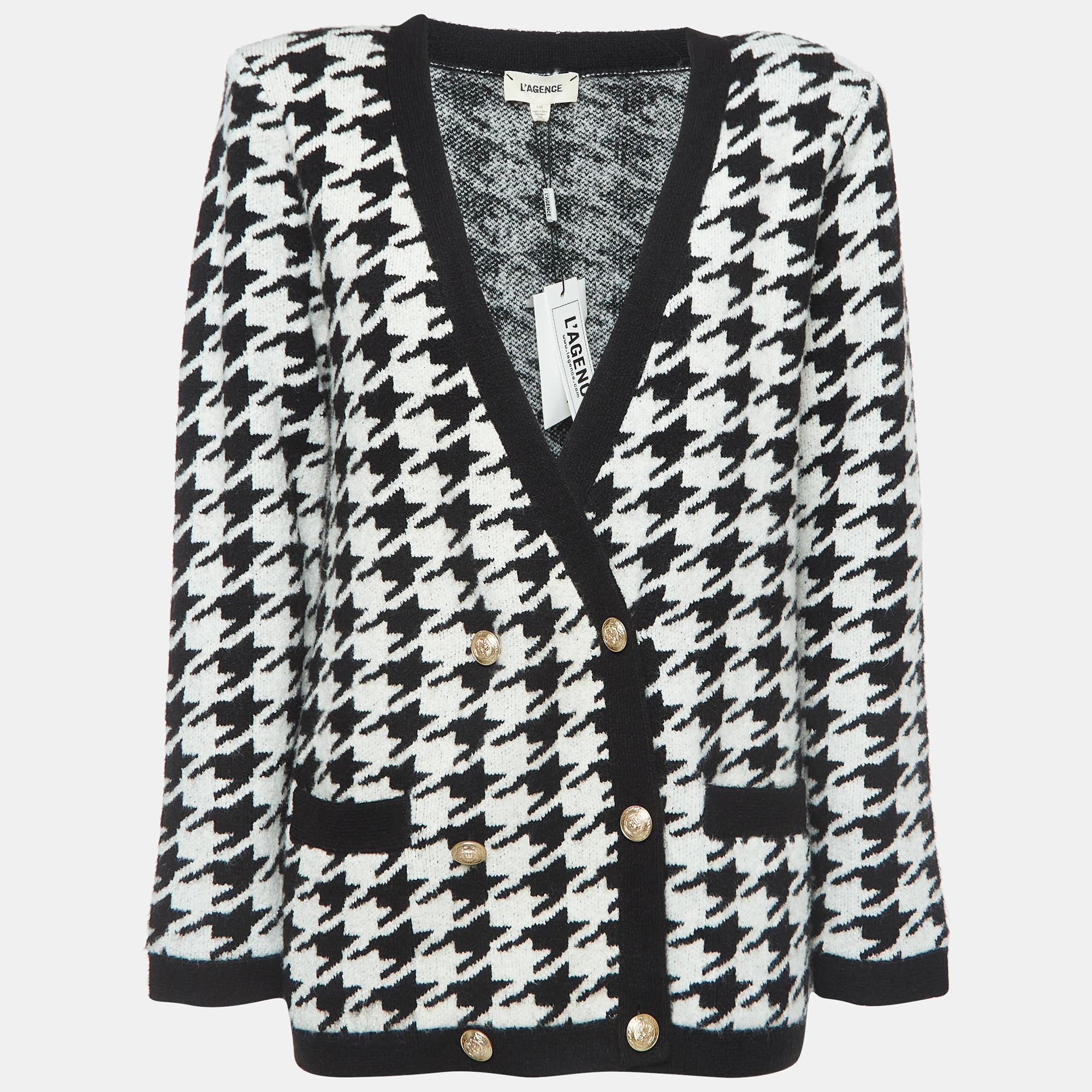 L'agence Black/White Maddy Houndstooth Double Breasted Cardigan L