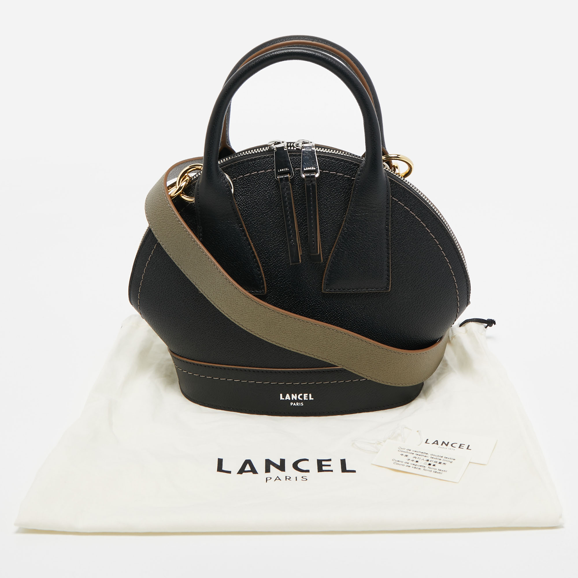 Lancel Black/Green Leather And Suede Small Macaron Satchel