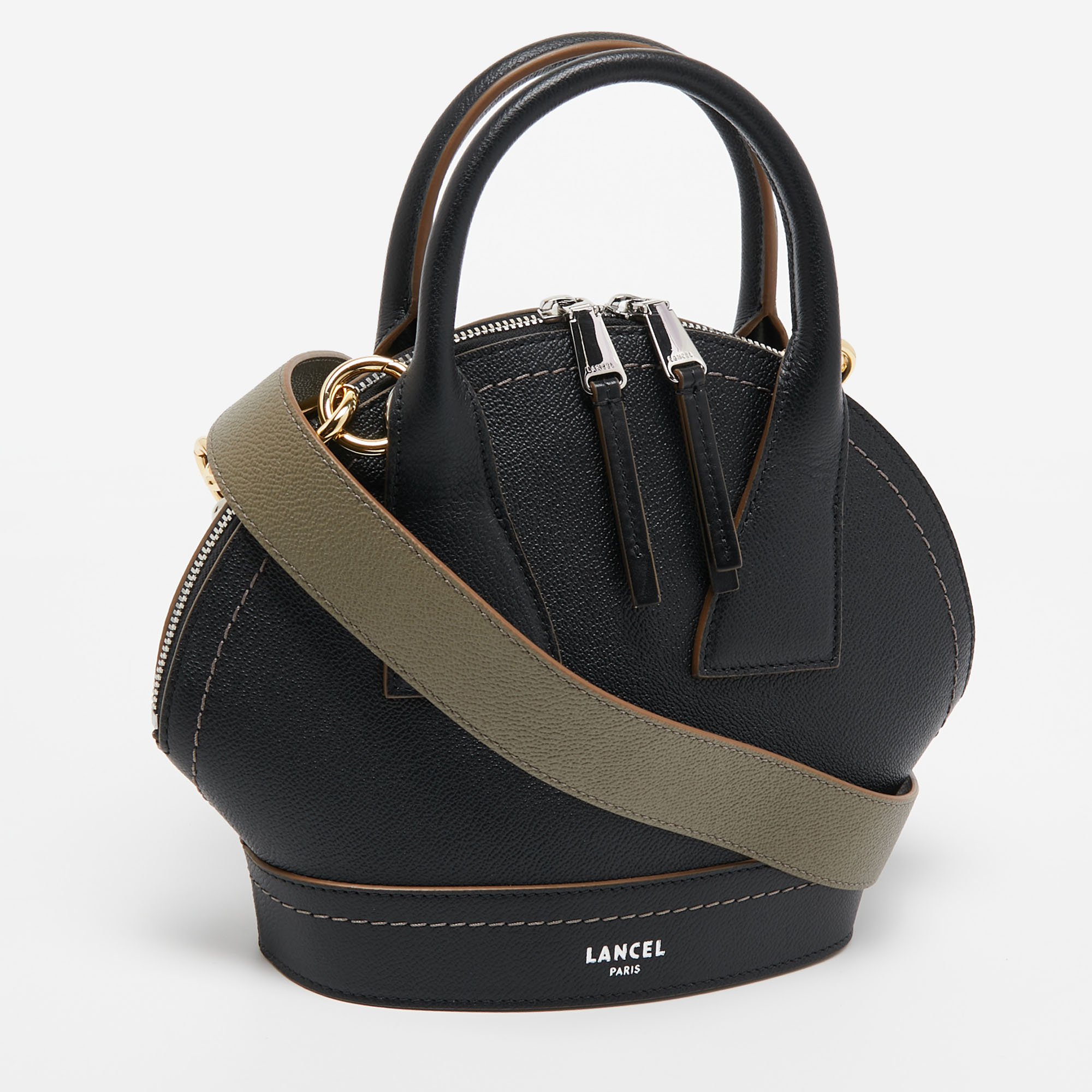 Lancel Black/Green Leather And Suede Small Macaron Satchel