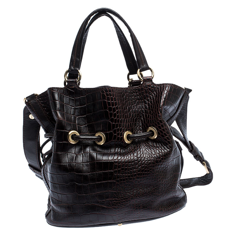 Lancel Brown Croc Embossed Leather Premier Flirt Bucket Bag