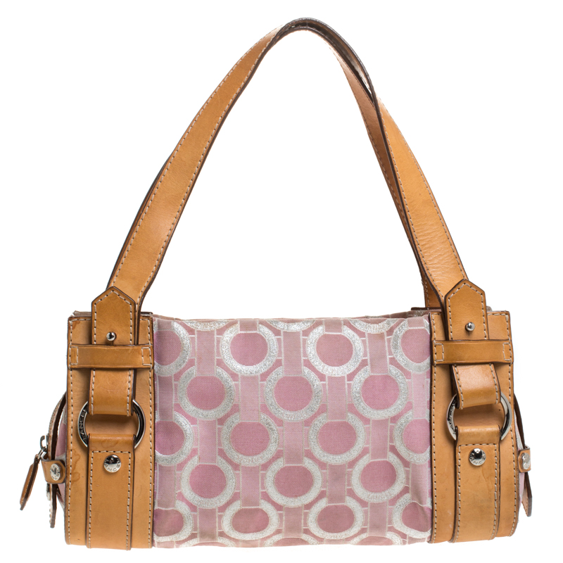 Image of Lancel Pink/Brown Printed Canvas and Leather Satchel