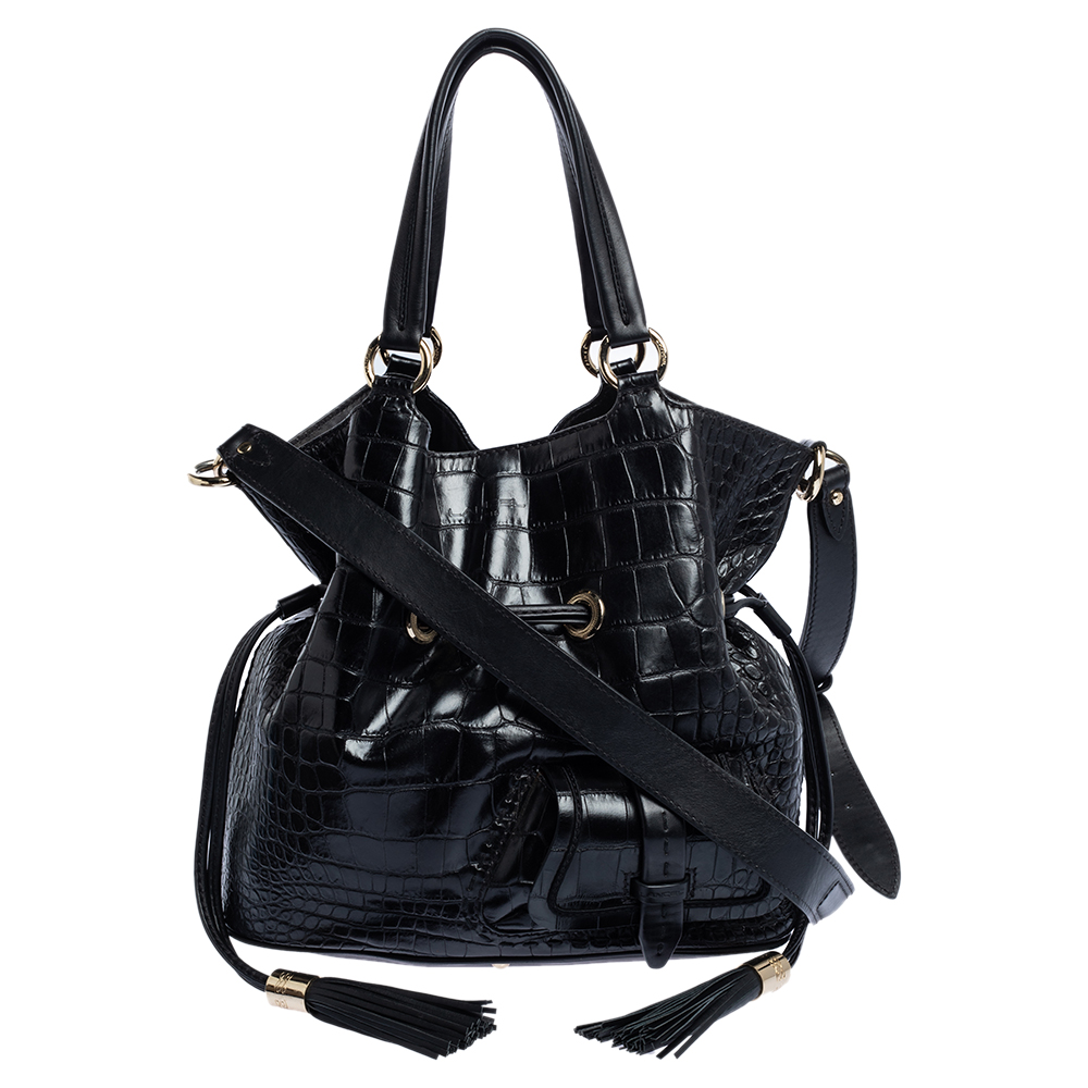 Image of Lancel Black Croc Embossed Leather Premiere Flirt Bucket Shoulder Bag
