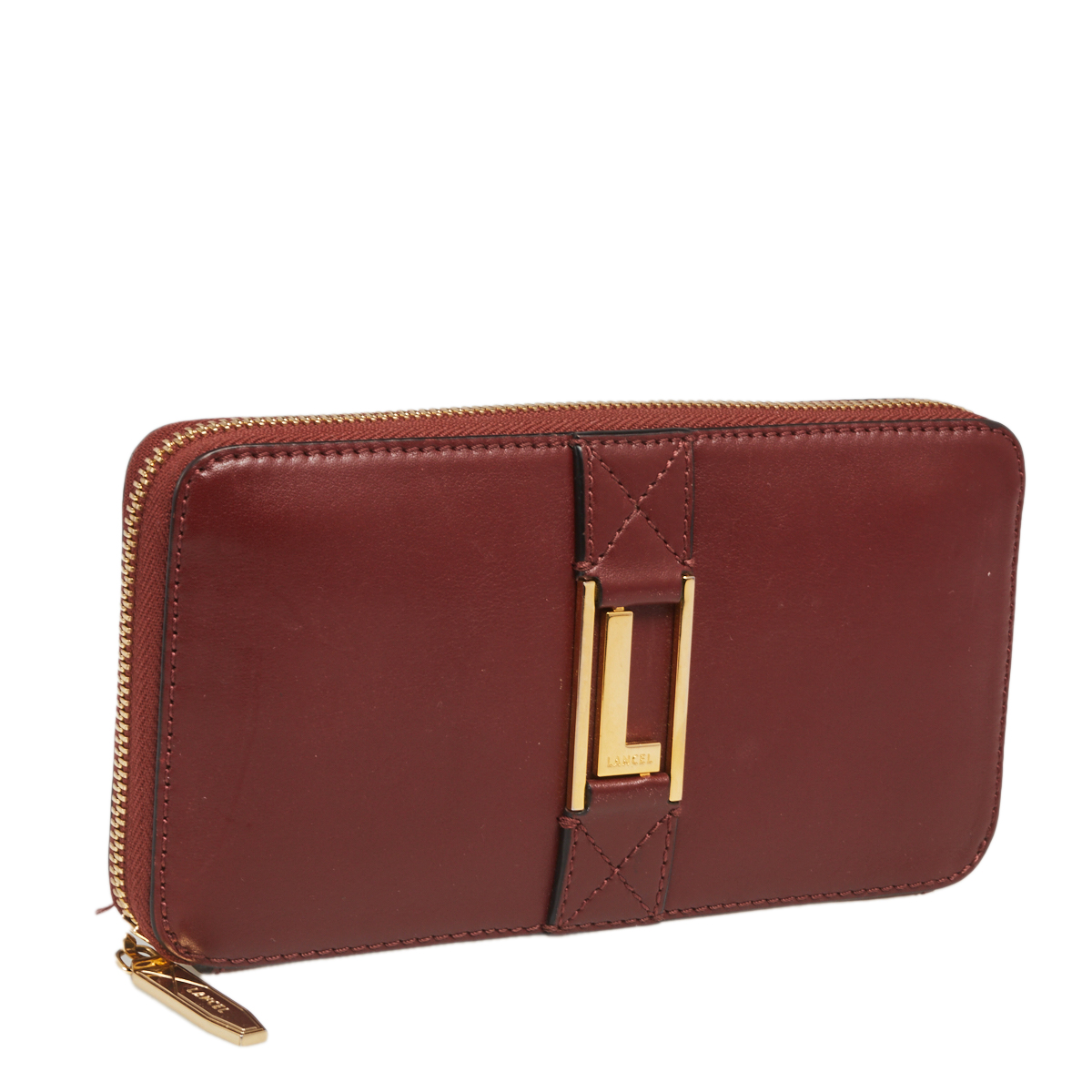 Lancel Burgundy Leather Logo Zip Around Wallet