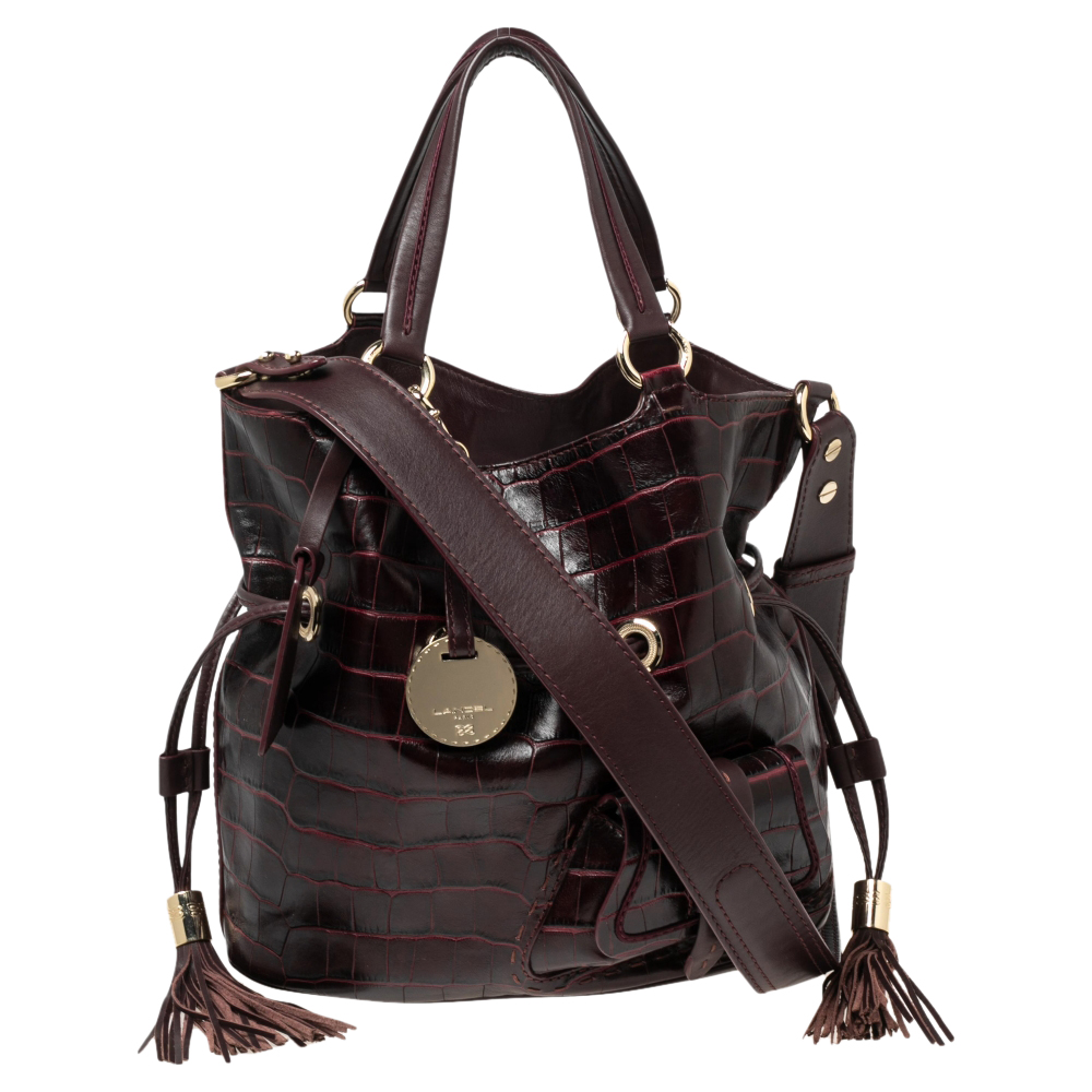 Lancel burgundy croc embossed leather premier flirt bucket bag