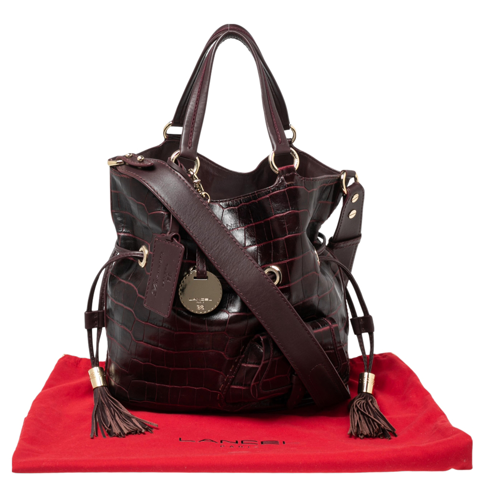 Lancel Burgundy Croc Embossed Leather Premier Flirt Bucket Bag