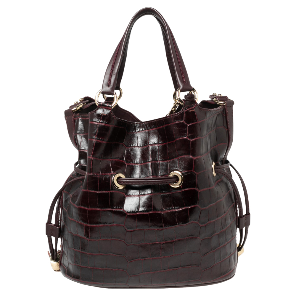 Lancel Burgundy Croc Embossed Leather Premier Flirt Bucket Bag