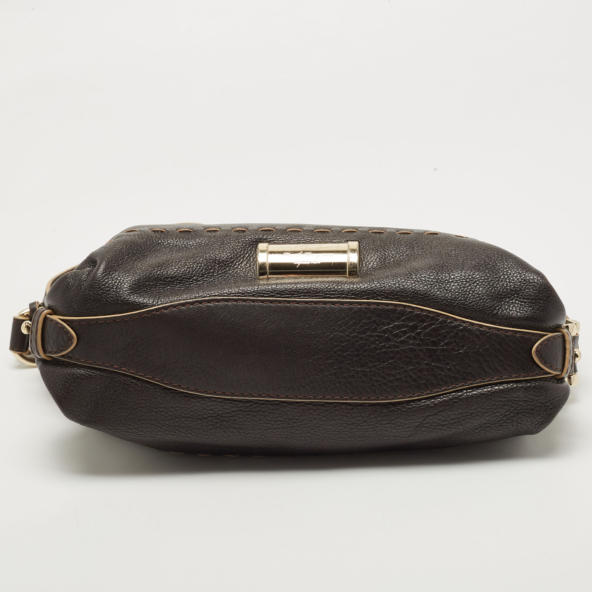 Lancel Dark Brown Wildstitch Leather Front Pocket Shoulder Bag
