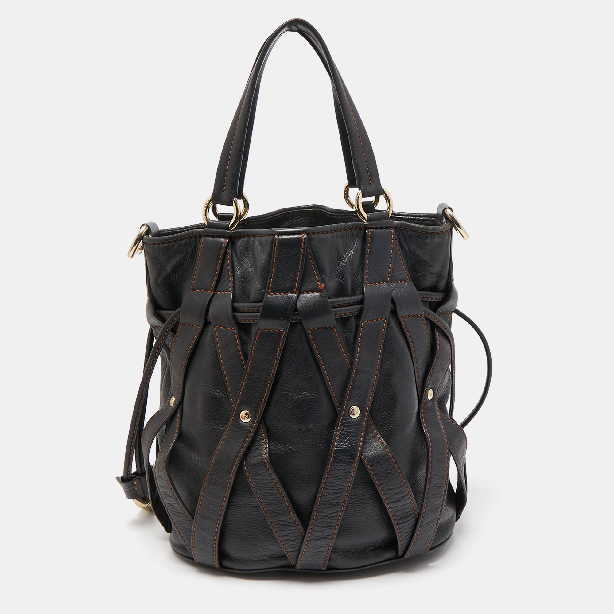 Lancel Dark Brown Leather Elsa Sellier Bucket Shoulder Bag