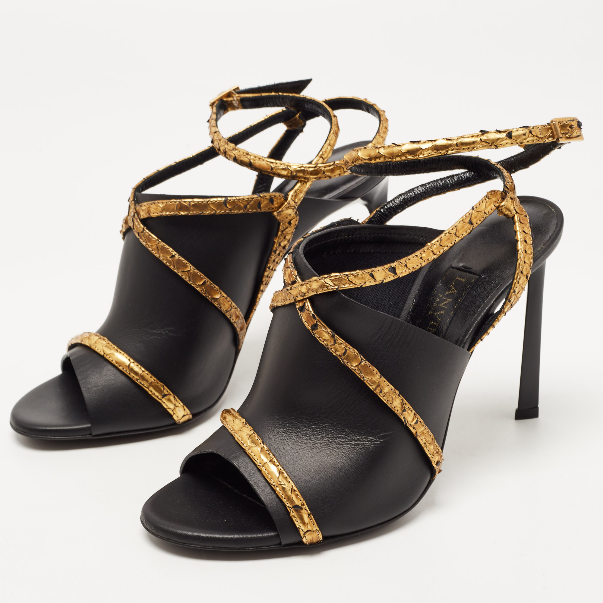

Lanvin Black/Gold Leather and Python Ankle Strap Mules Size
