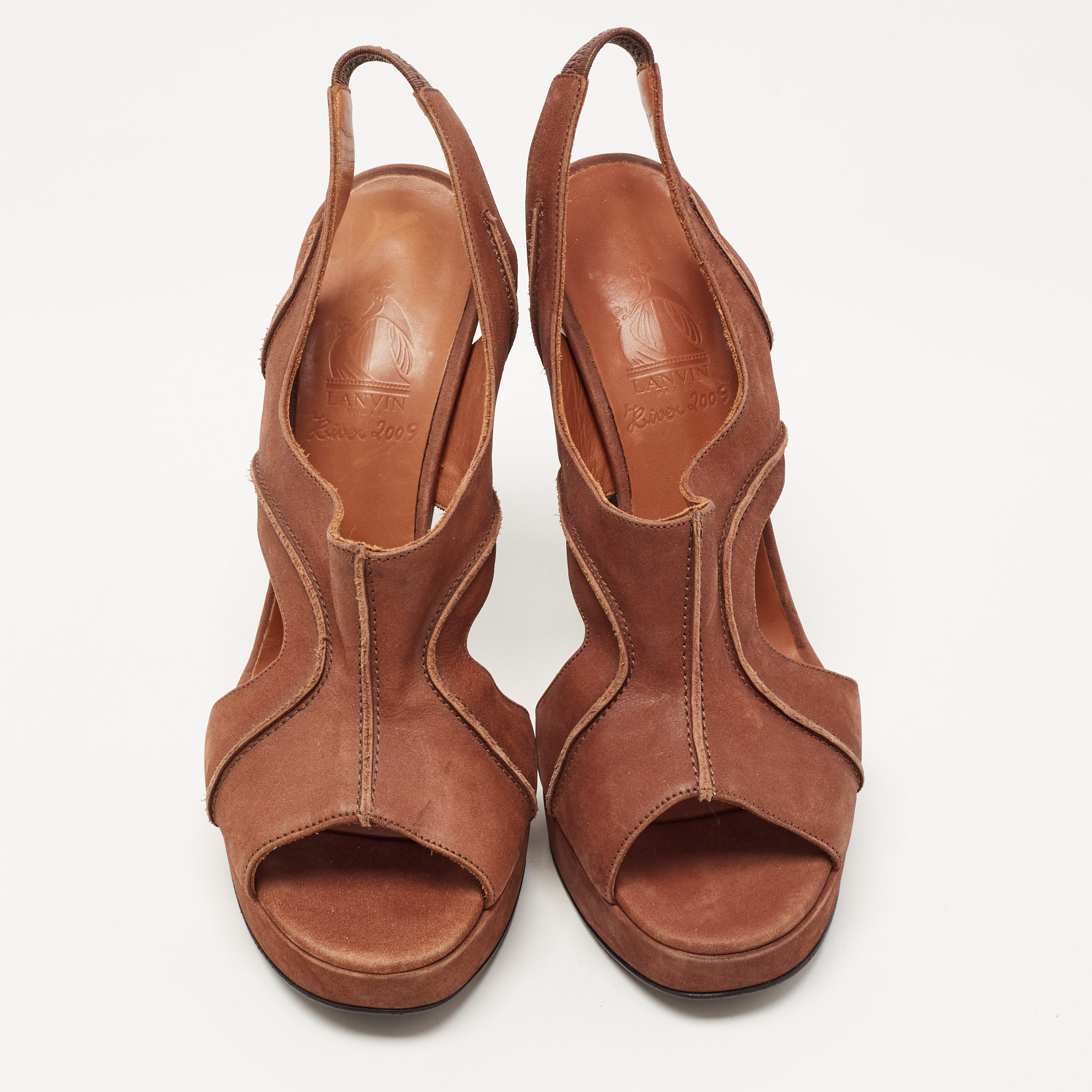 Lanvin Brown Nubuck Leather Platform Slingback Sandals Size 40