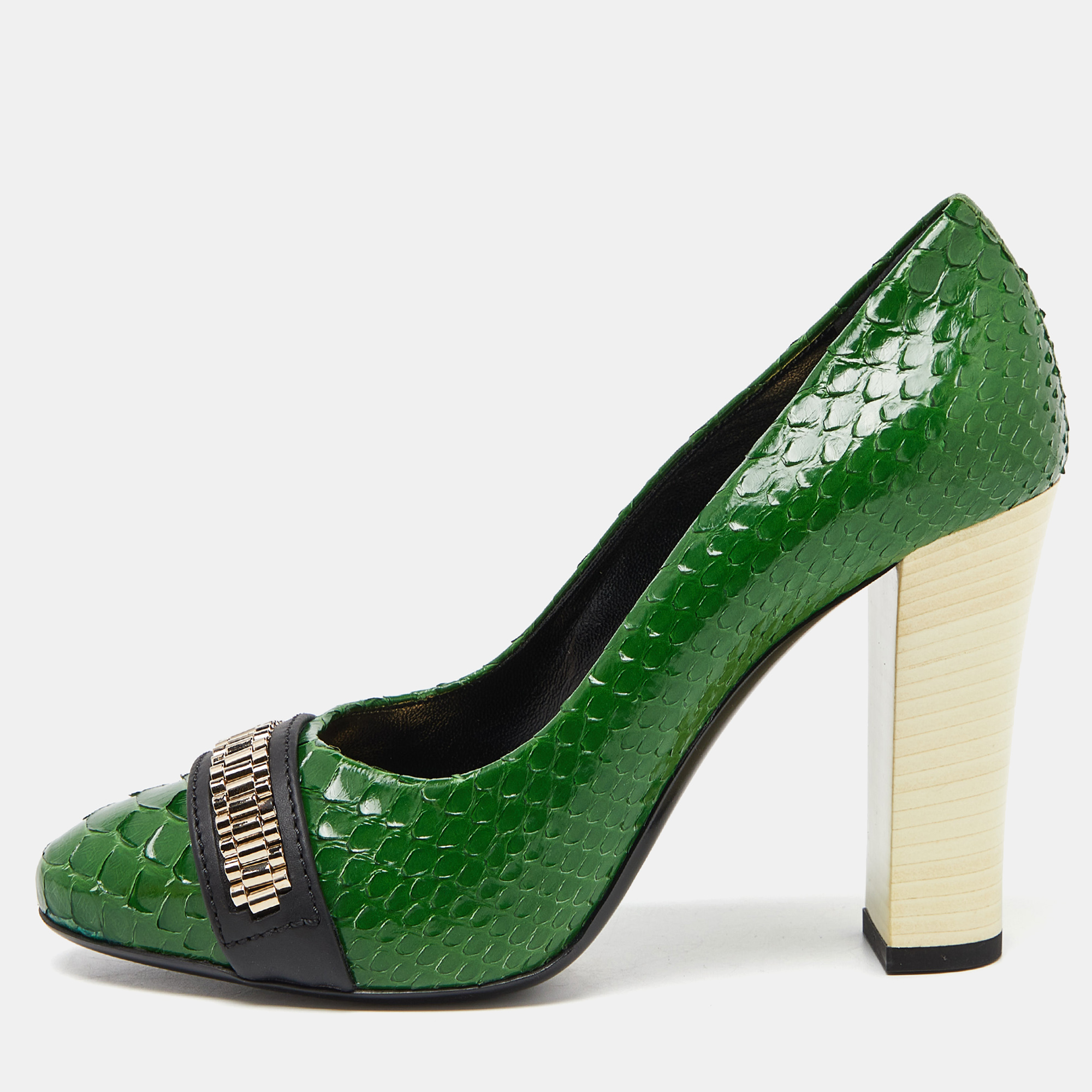 Lanvin Green Python Leather Embellished Block Heel Pumps Size 37