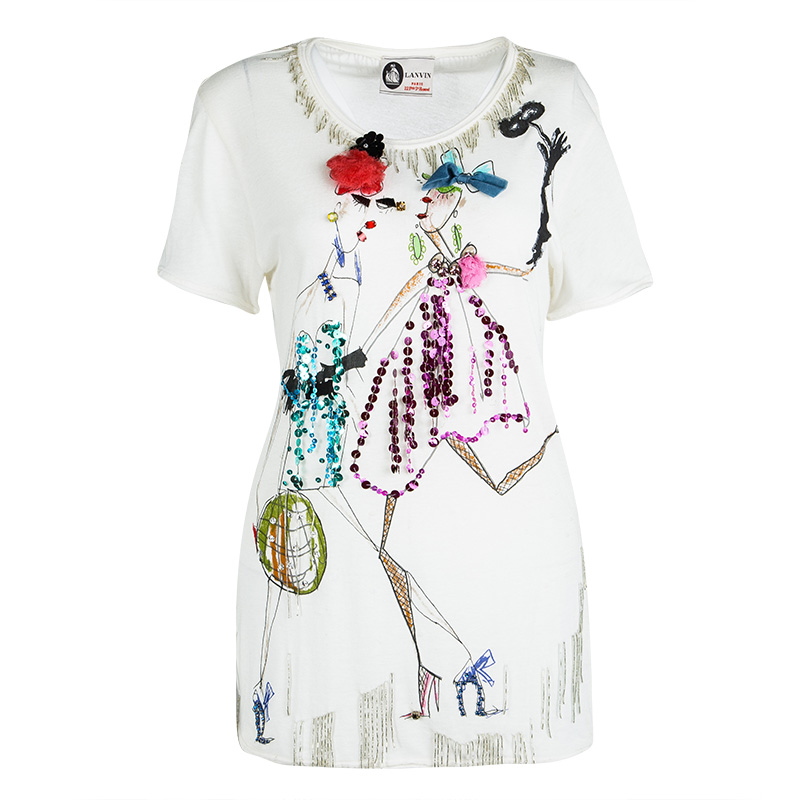 Image of Lanvin Off White Printed Embellished T-Shirt XS