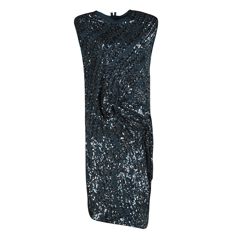 Image of Lanvin Teal Blue Sequined Draped Sleeveless Dress S