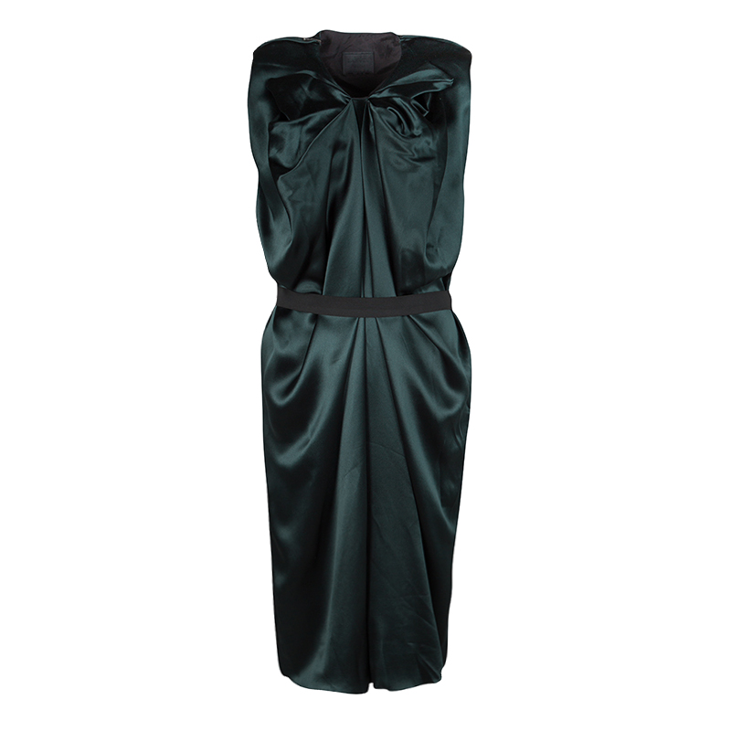 Image of Lanvin Green Silk Draped Elastic Band Detail Sleeveless Dress M