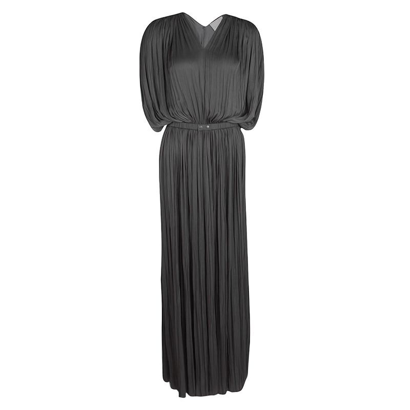 Image of Lanvin Grey Draped Plisse Gathered Belted Maxi Dress S