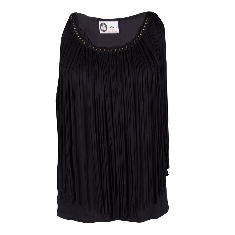 Image of Lanvin Black Jersey Fringed Racer Back Sleeveless Top M