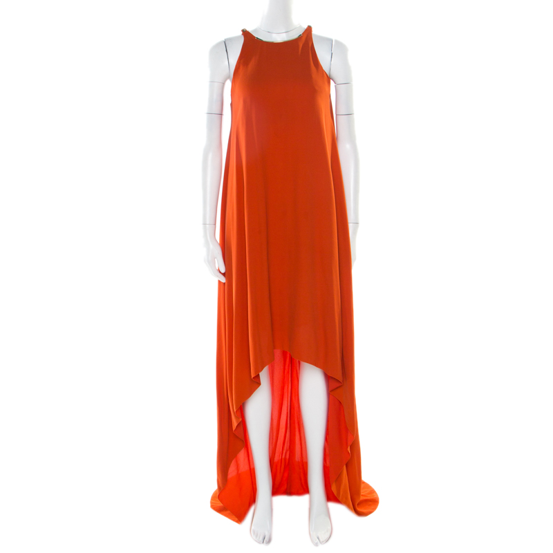 Lanvin orange crepe metal neck embellished sleeveless high low dress m