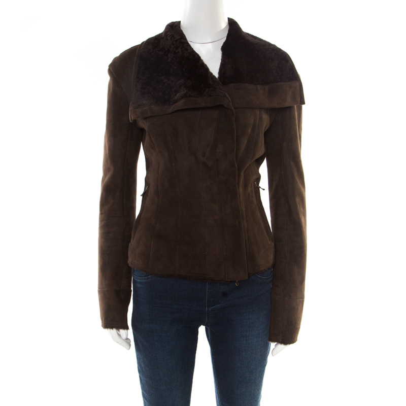 Lanvin chocolate brown lambskin leather shearling lined biker jacket m