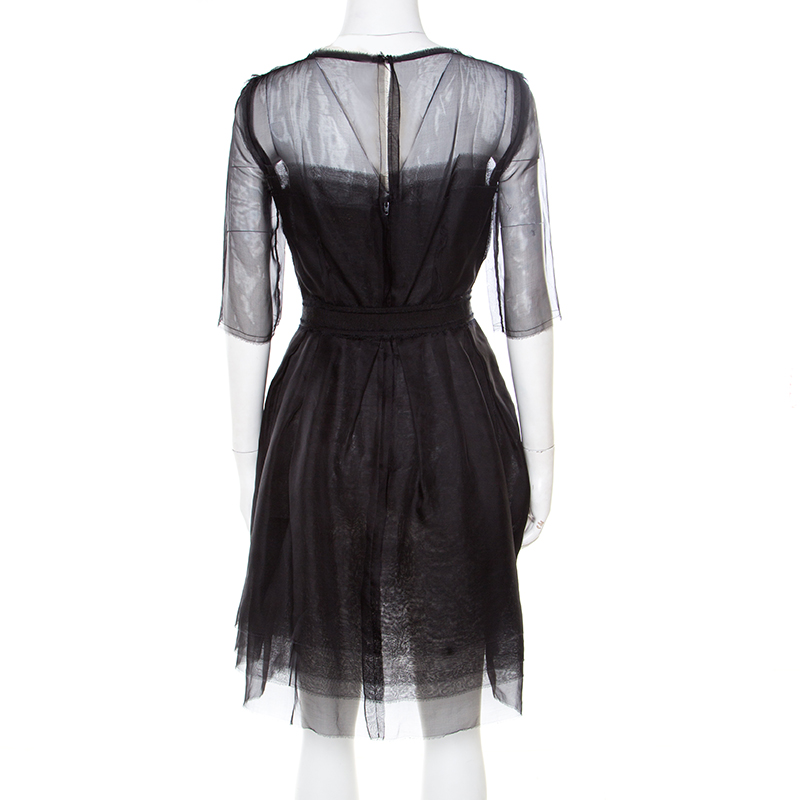 Lanvin Black Silk Organza Raw Edge Detail Sheer Yoke Layered Dress S