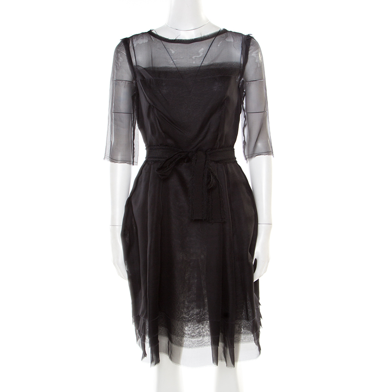 Lanvin black silk organza raw edge detail sheer yoke layered dress s