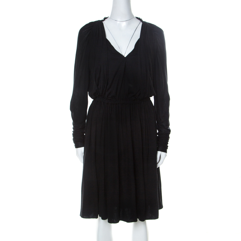 Image of Lanvin Black Cashmere Blend Gathered Detail Long Sleeve Dress M