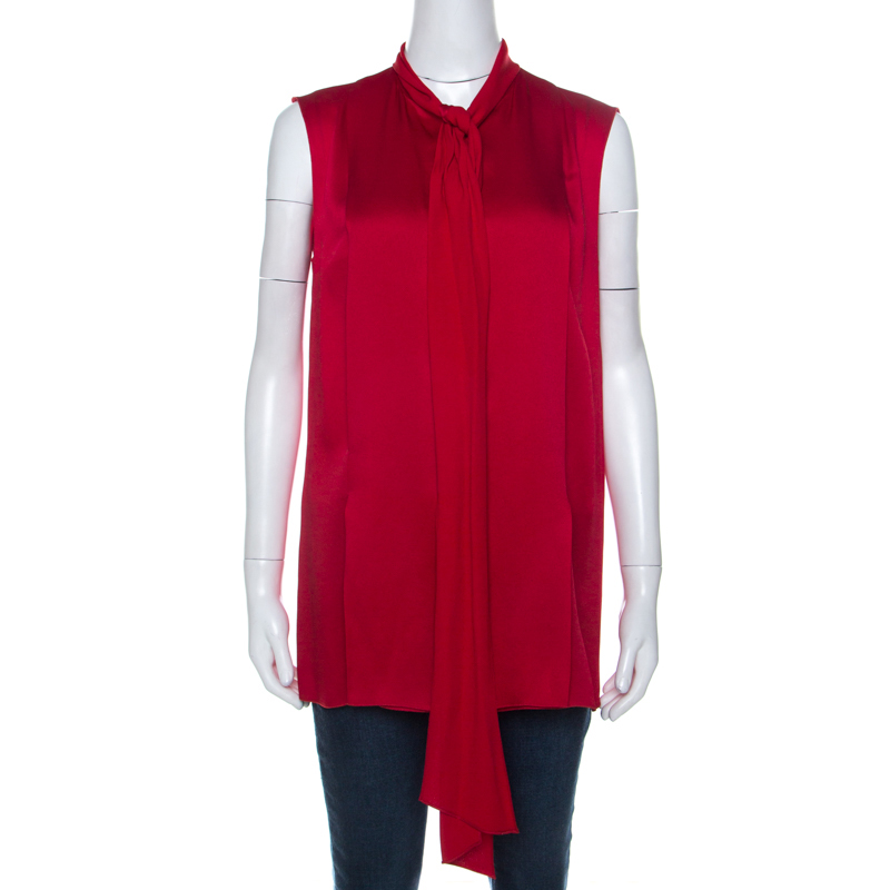 Image of Lanvin Cherry Red Satin Neck Tie Detail Sleeveless Blouse M