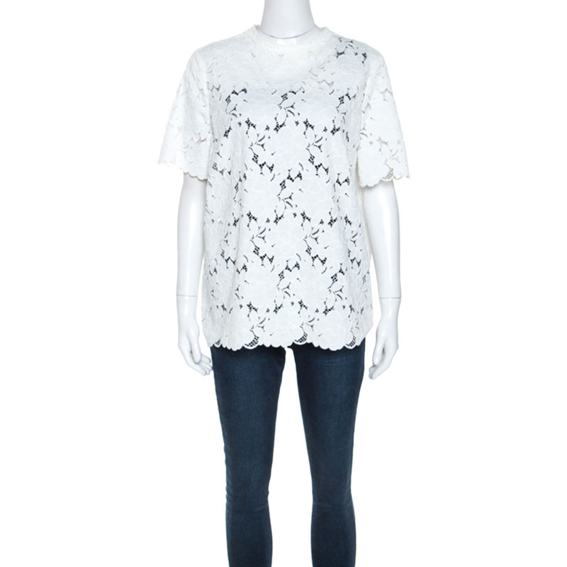 Image of Lanvin White Guipure Lace Short Sleeve Top L