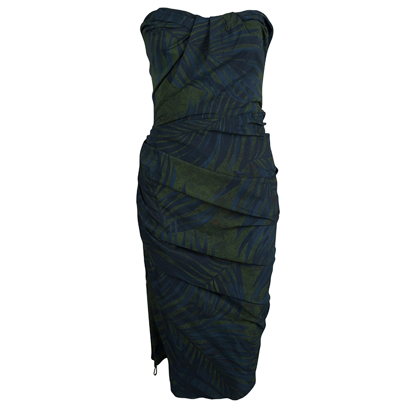 Image of Lanvin Bottle Green Palm Leaf Print Strapless Ruched Midi Dress M