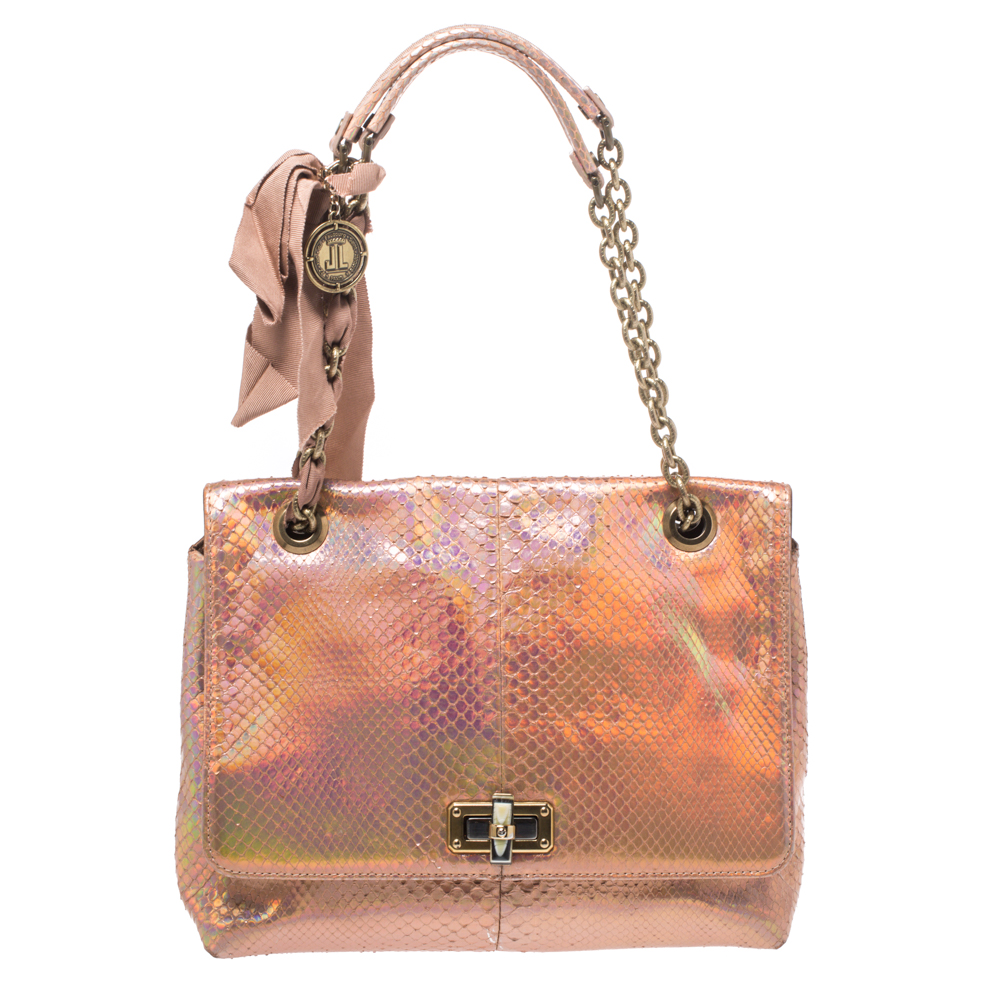 Image of Lanvin Peach Holographic Python Happy Shoulder Bag