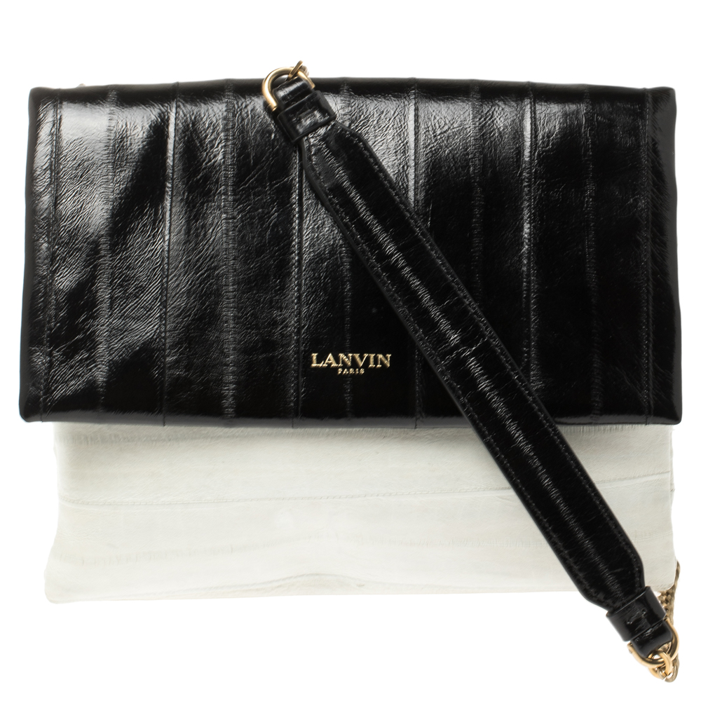 Image of Lanvin Black/Cream Textured Leather Sugar Shoulder Bag