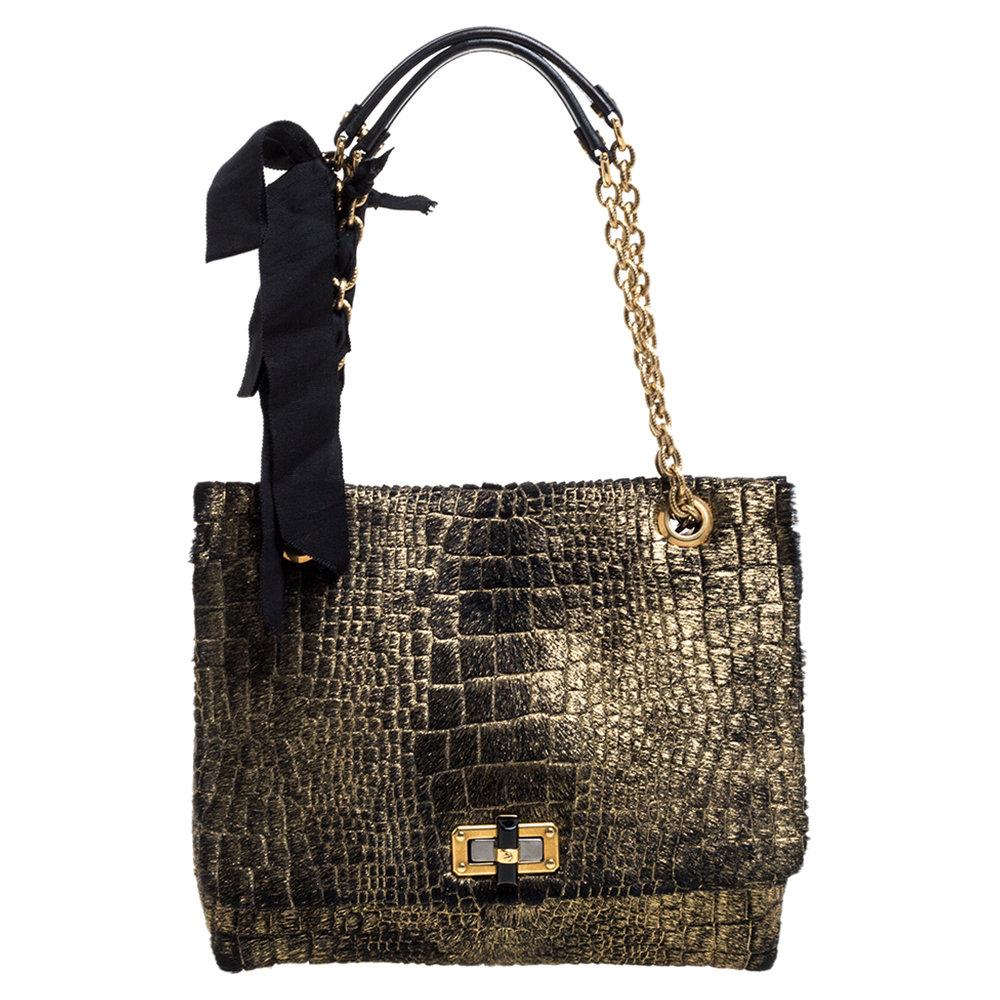 Image of Lanvin Gold/Black Calfhair Medium Happy Shoulder Bag